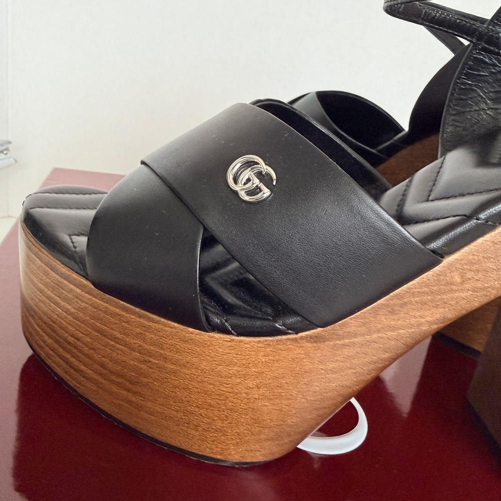 Gucci Nappa Charlotte Black Leather Wood Platform Block Heel Sandals 835313 sz40 - Picture 9 of 16